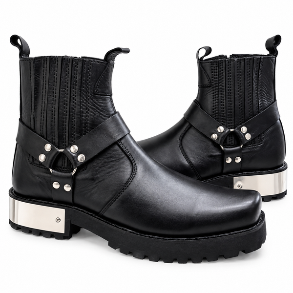 Stylish Black Urban Harness Leather Zipper & Chelsea Boot