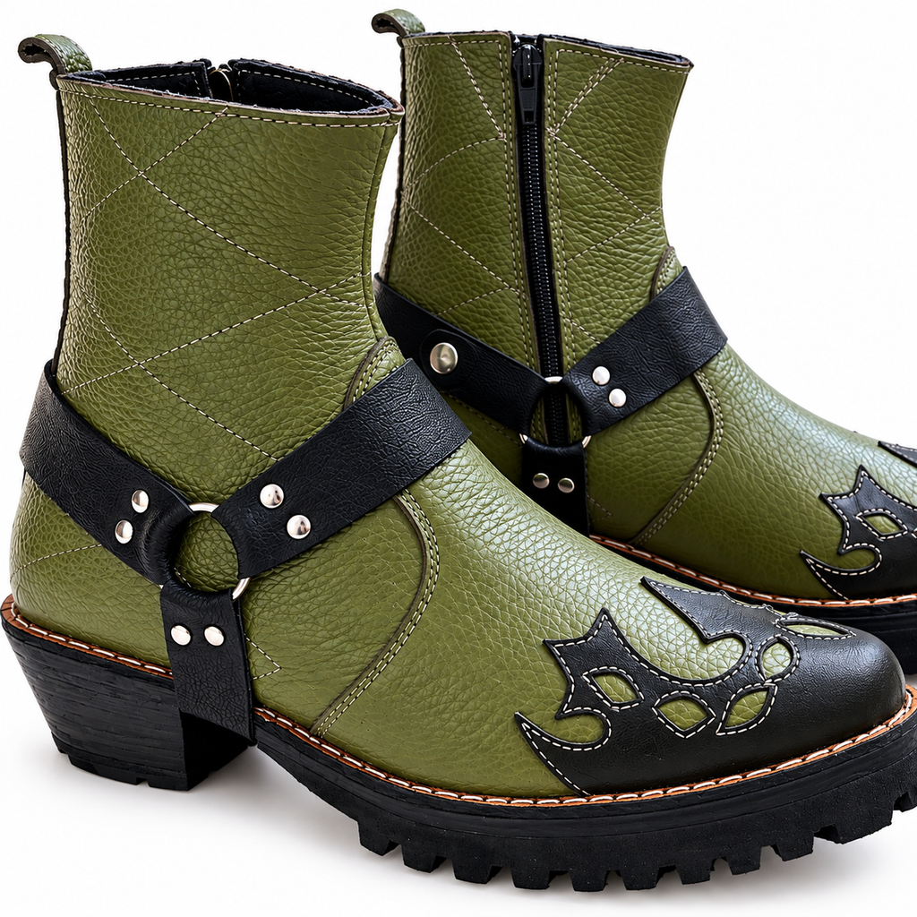 Bold Signature Style Olive Green & Black Harness Ankle Leather Zipper Boot