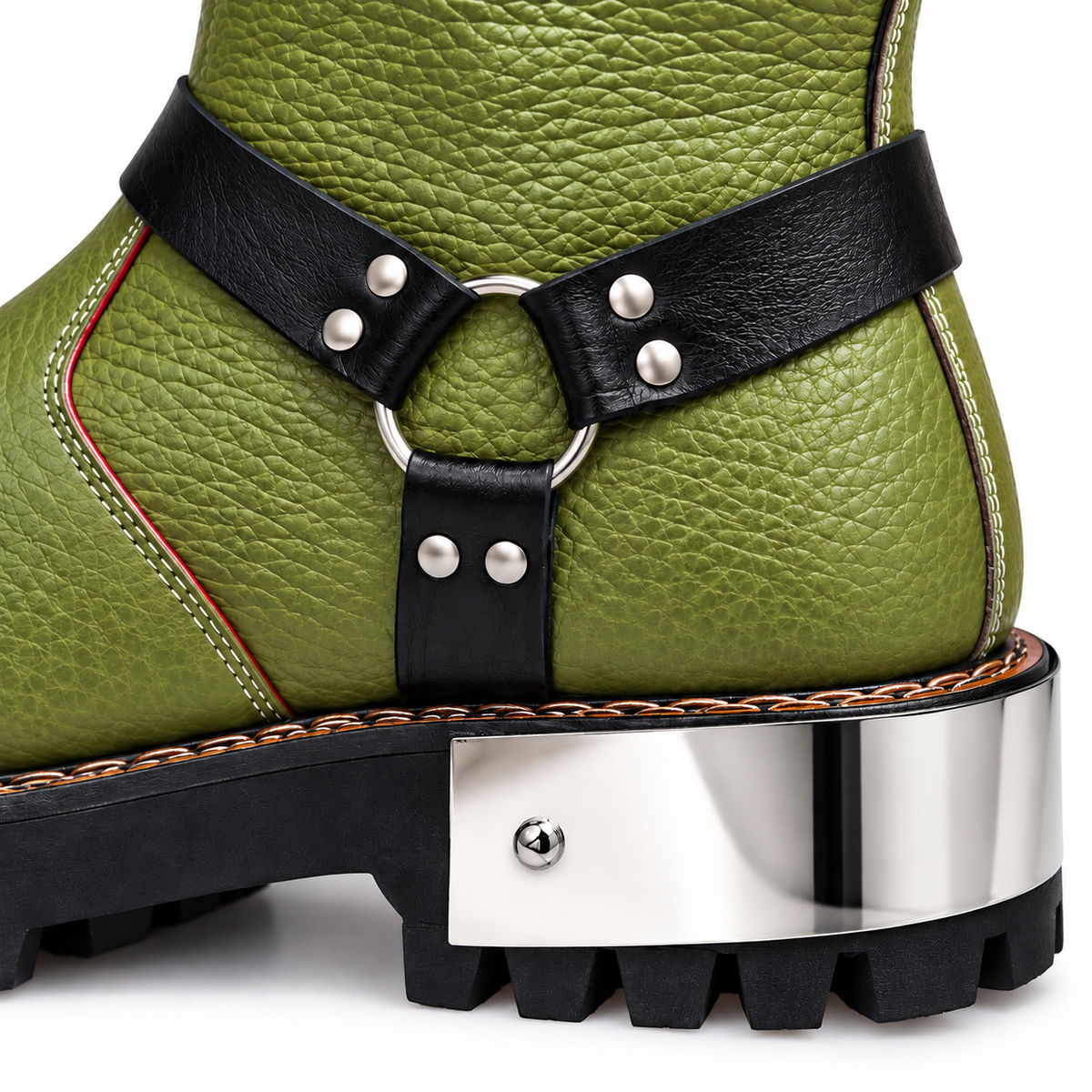 Olive Green & Black Studded Ankle Leather Zipper Boot