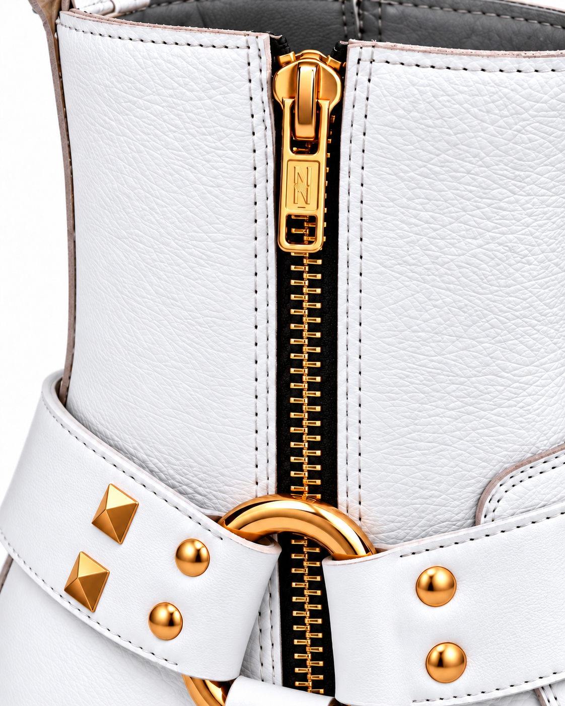 Royal White Ankle Leather Zipper Boot With Gold Harness