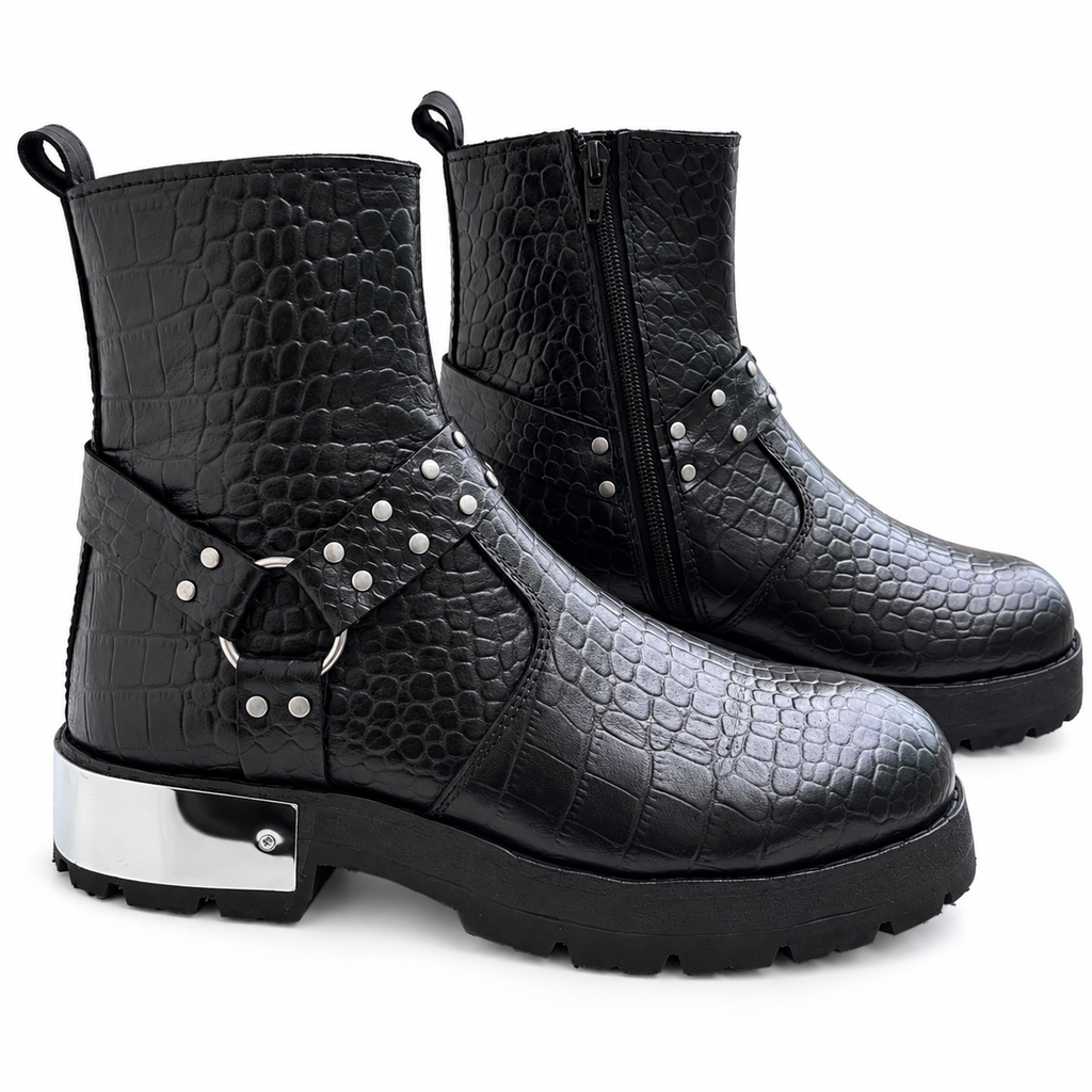 Black Croc-Texture Studded Ankle Zipper Boot