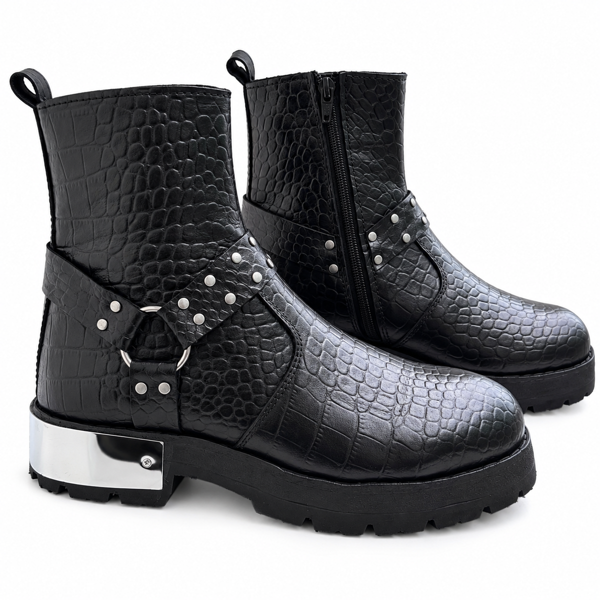 Black Croc-Texture Studded Ankle Zipper Boot
