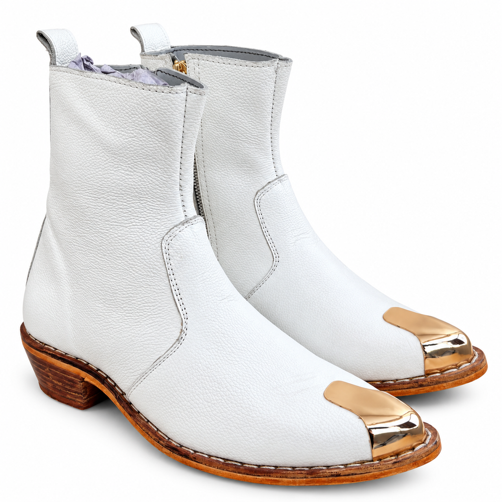 Premium White Gold-Toe Ankle Leather Zipper Boot