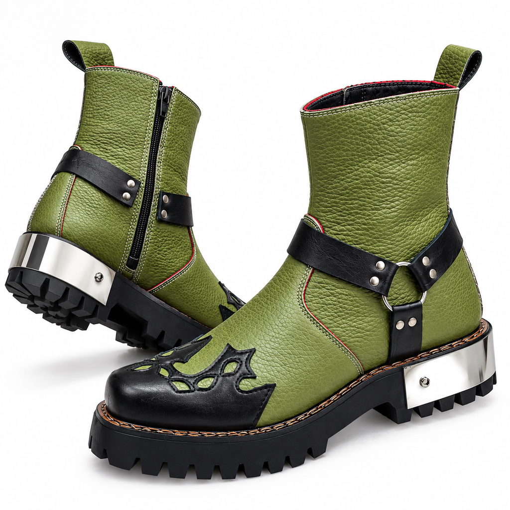 Olive Green & Black Studded Ankle Leather Zipper Boot
