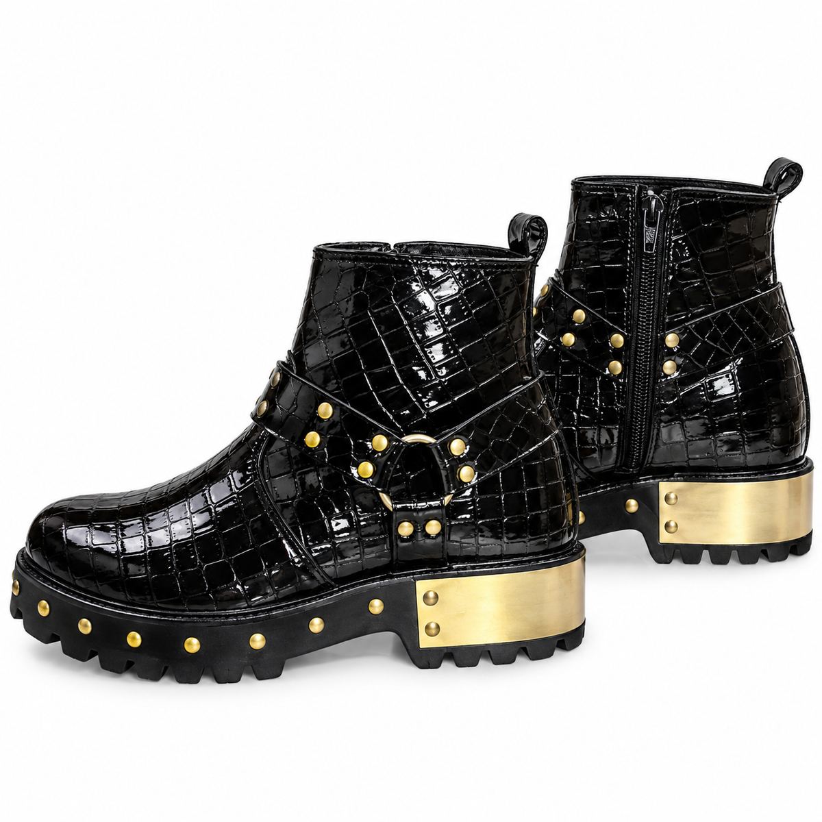 Black  Luxury  Glossy Croc-Texture Studded Zipper Boot
