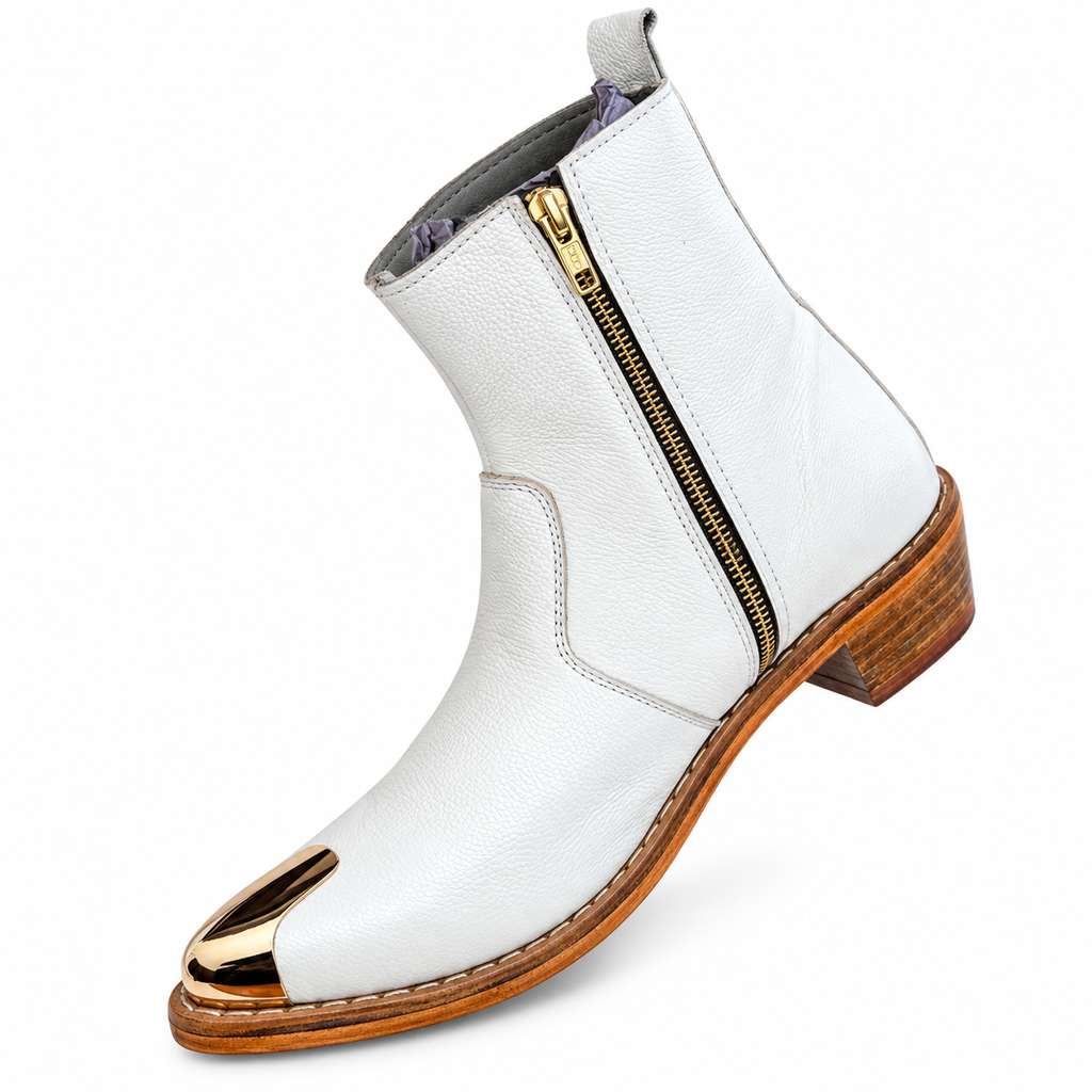 Premium White Gold-Toe Ankle Leather Zipper Boot