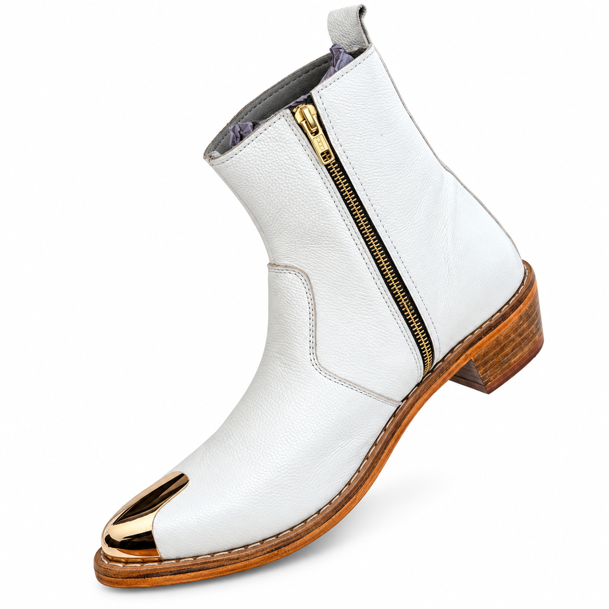 Premium White Gold-Toe Ankle Leather Zipper Boot