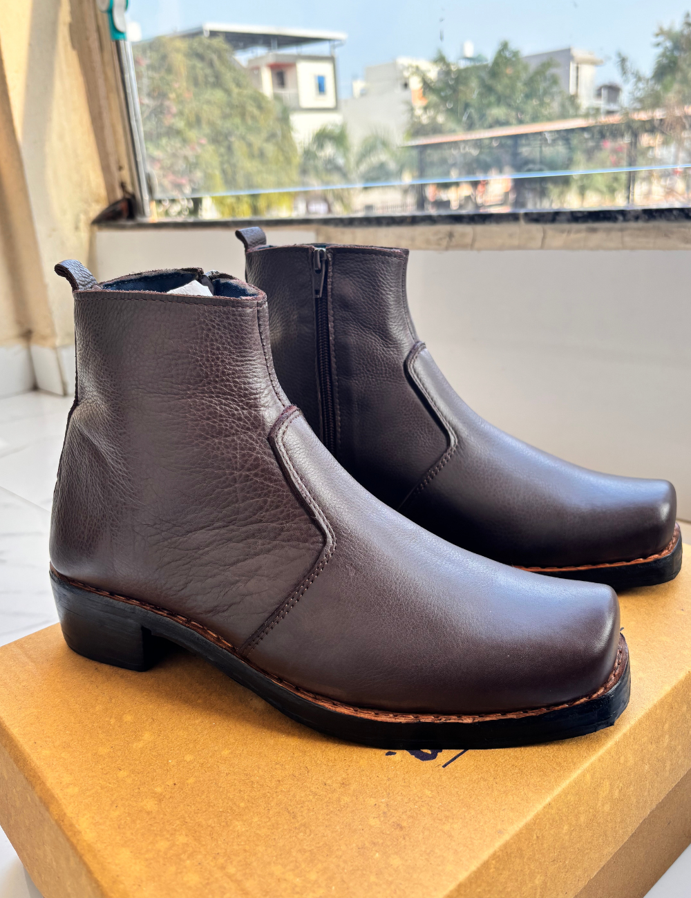 Handmade Shoes Brown Zipper Boots with Leather Sole & Cuban Heel