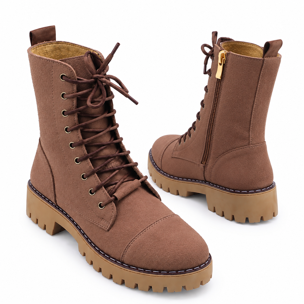 Mocha Brown Lace-Up And Zipper Combat Boots