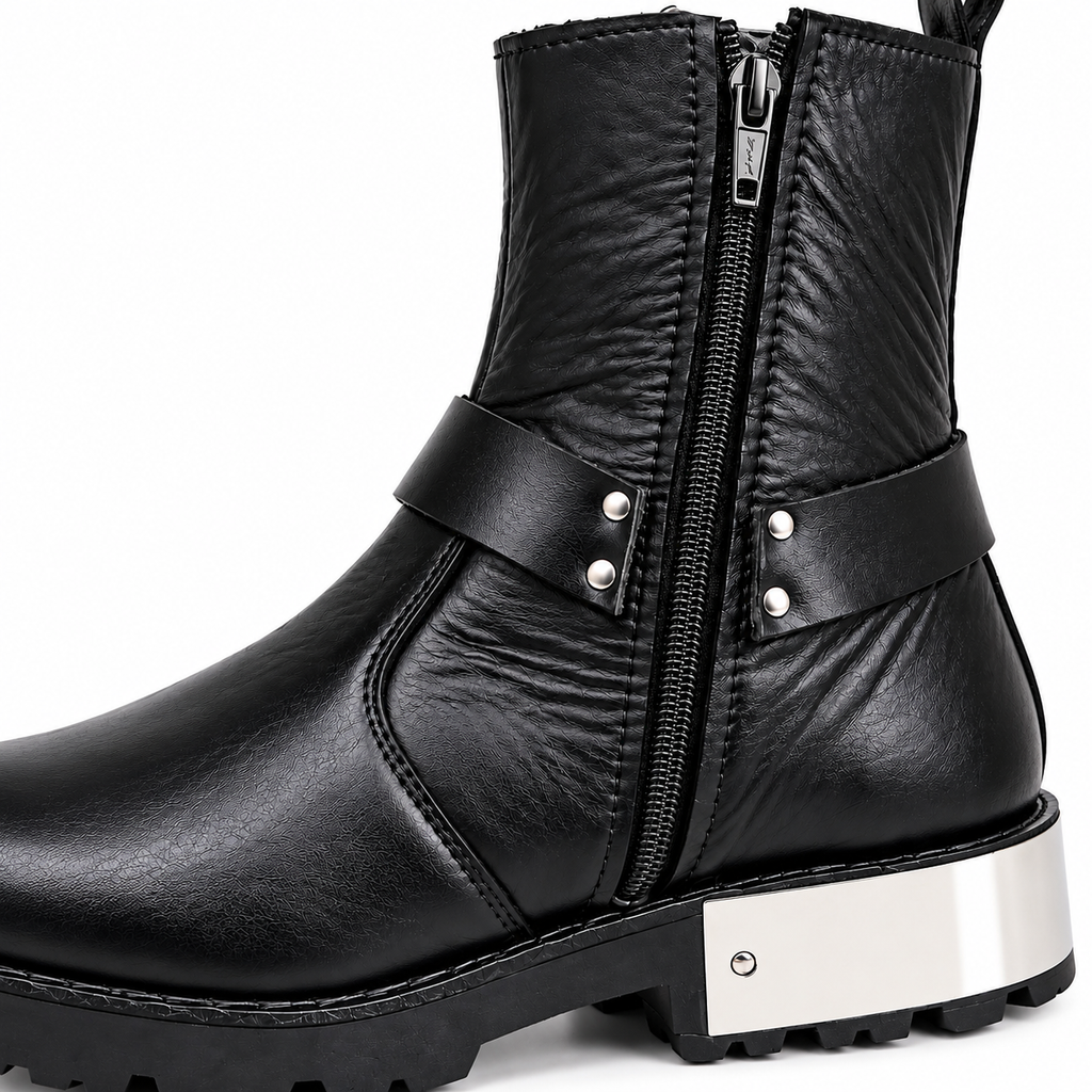 Black Urban Harness  Leather Zipper Boots