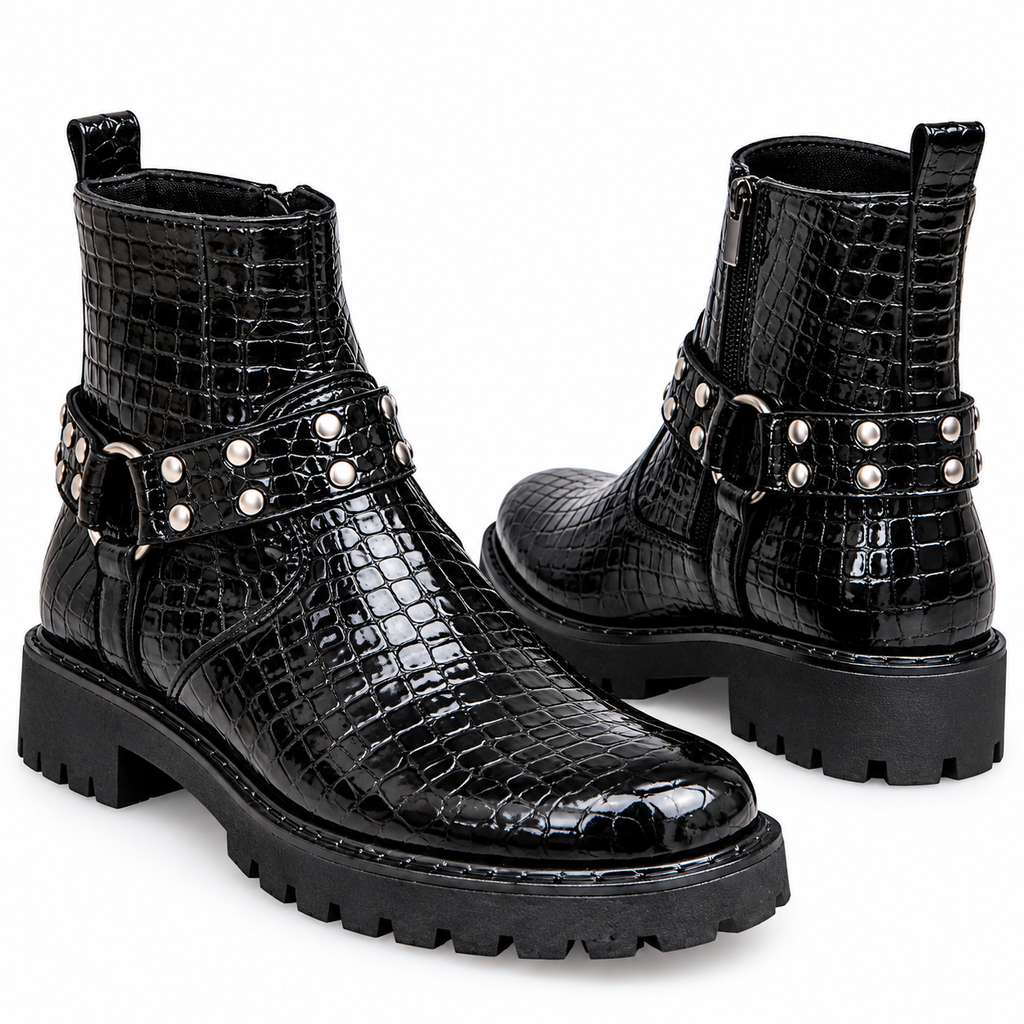 Black Glossy Croc-Texture Silver Heel Combat Zipper Boot