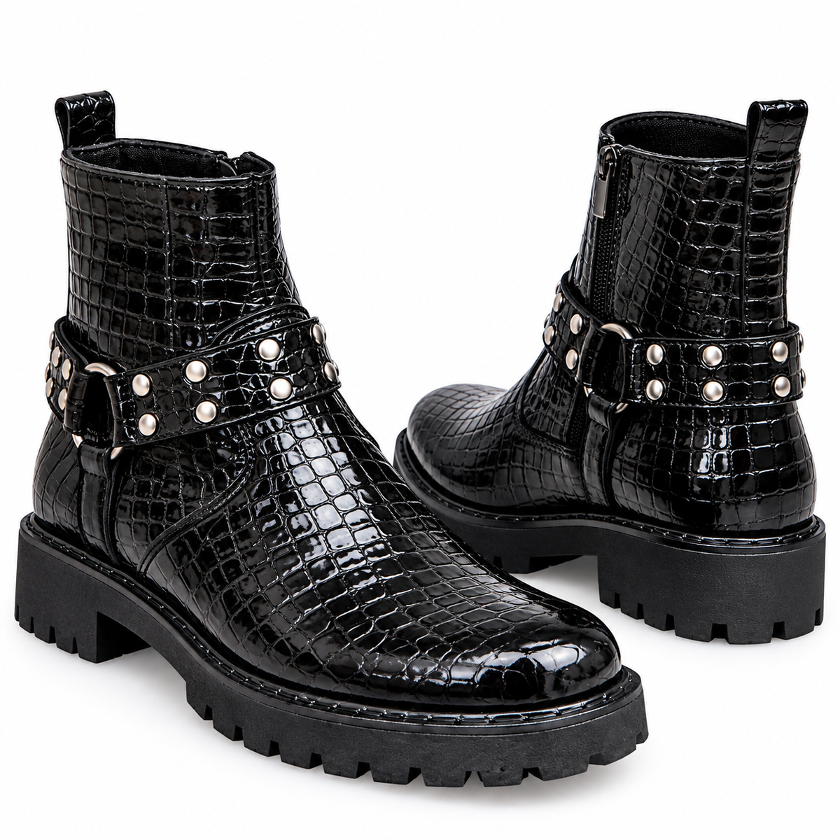 Black Glossy Croc-Texture Silver Heel Combat Zipper Boot