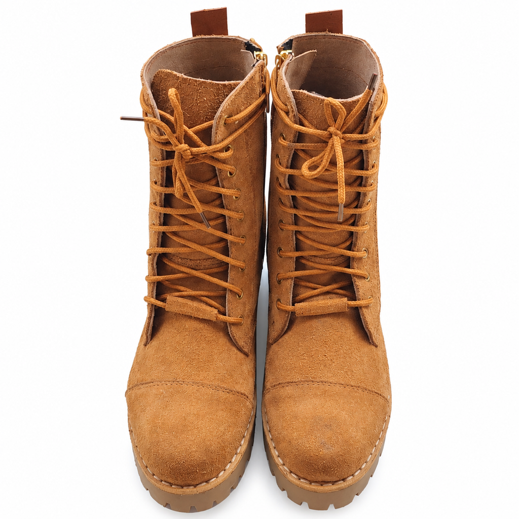 Camel Suede Lace-Up And Zipper Combat Boots