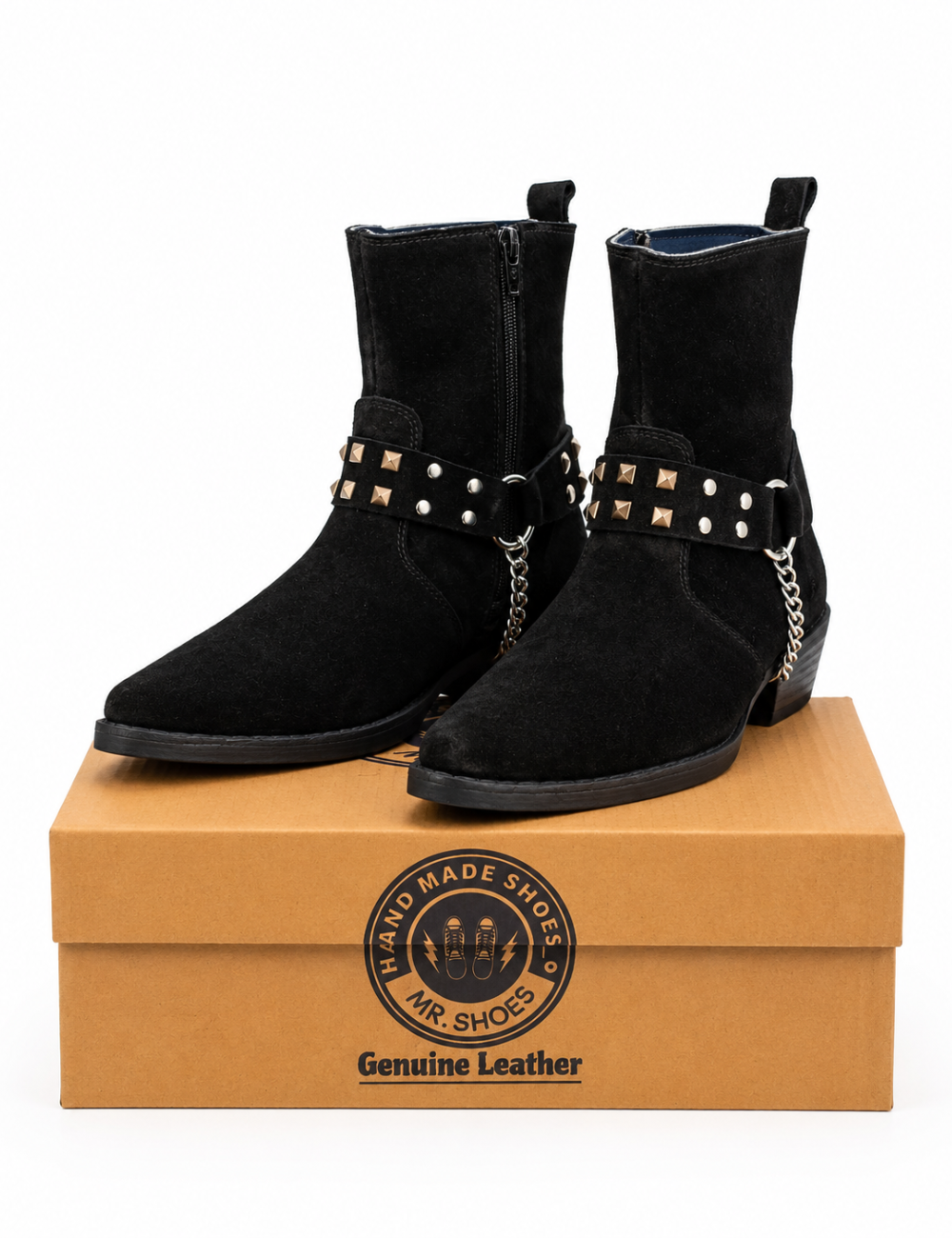Classic Black Suede Zeeper Handmade Boots With Leather Sole
