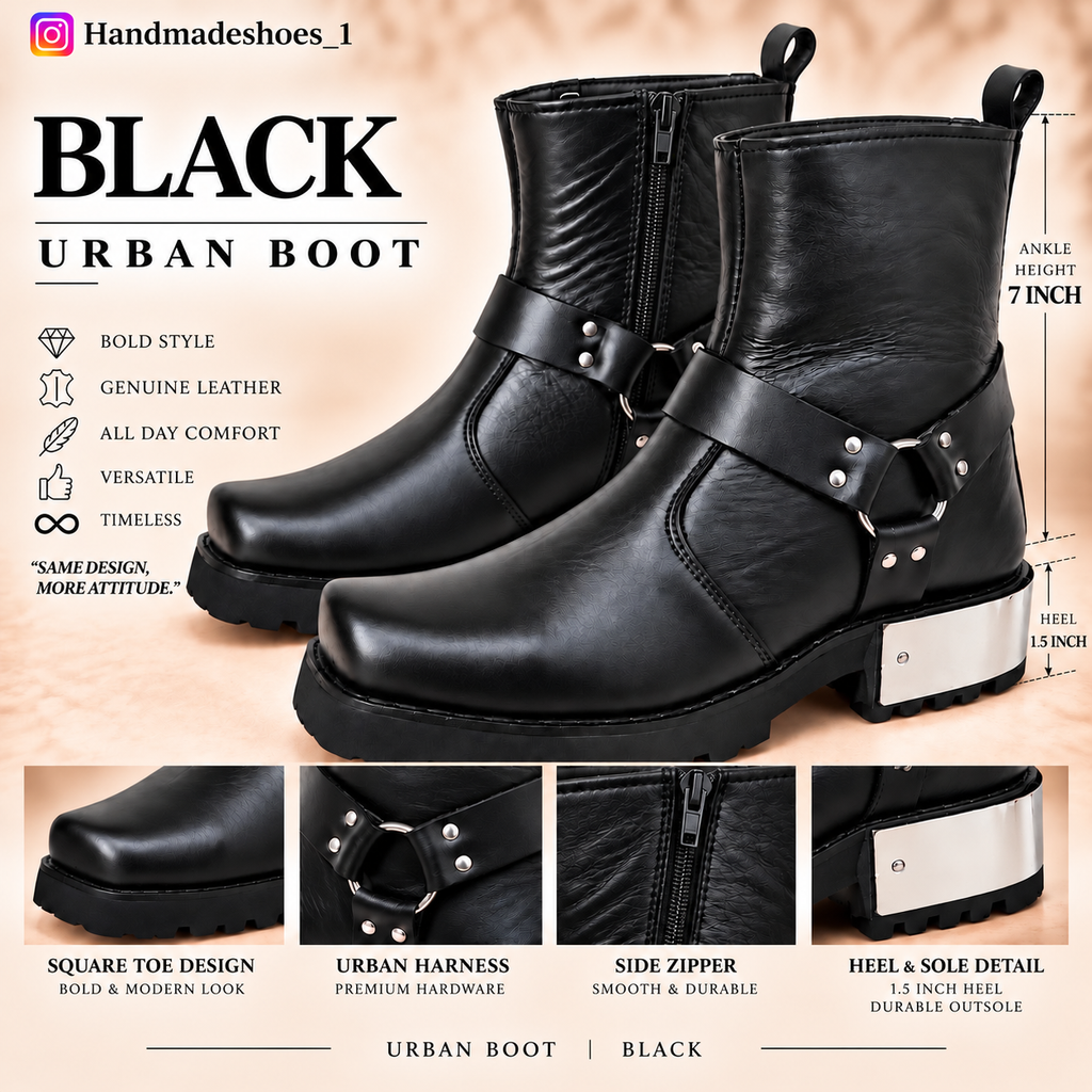 Black Urban Harness  Leather Zipper Boots