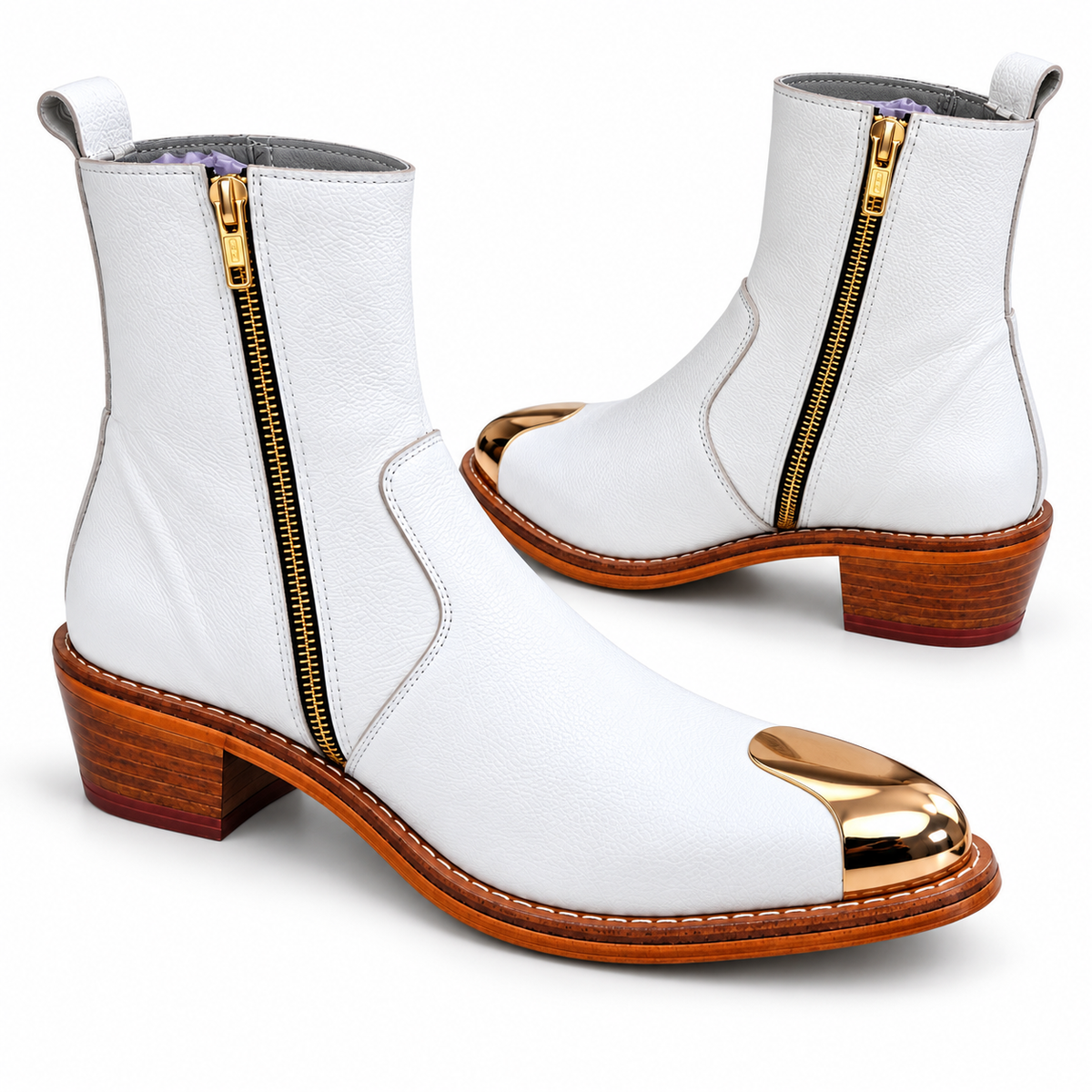 Premium White Gold-Toe Ankle Leather Zipper Boot