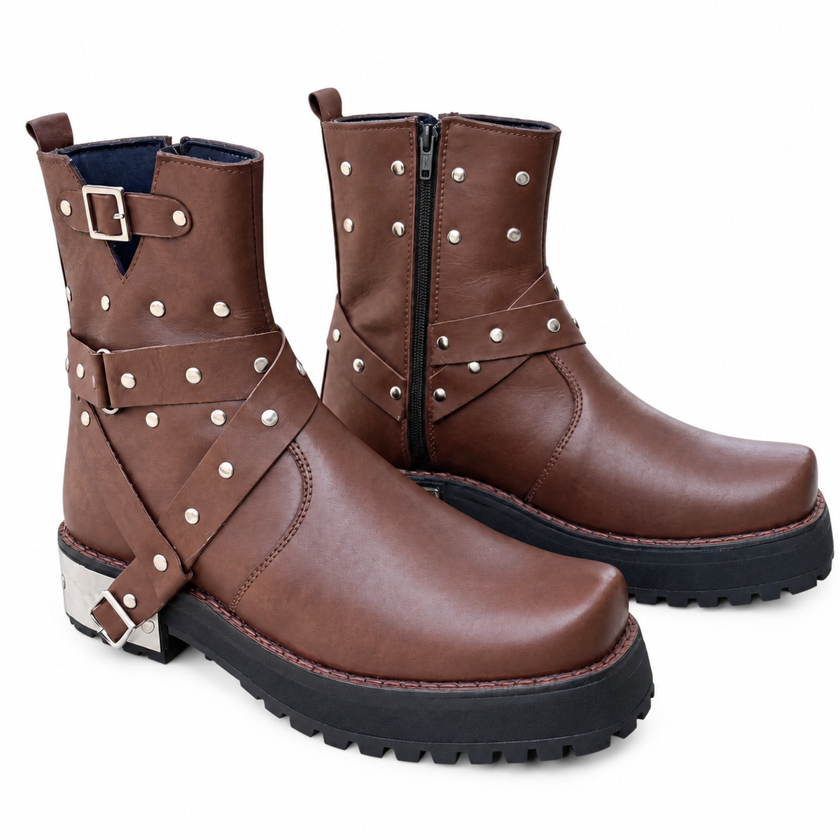 •Handmade Brown Leather Boot with Buckle & Strap Ankle Boot•