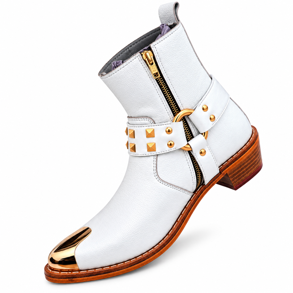 Royal White Ankle Leather Zipper Boot With Gold Harness