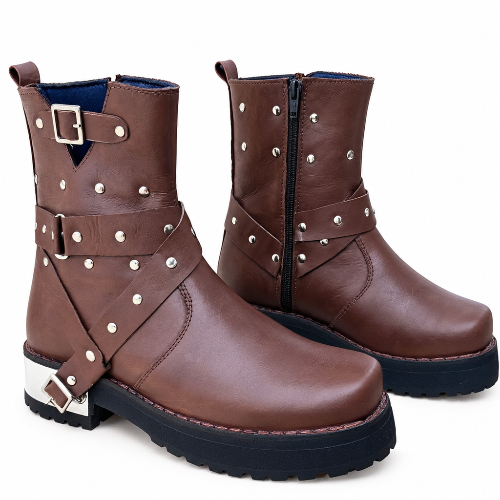 •Handmade Brown Leather Boot with Buckle & Strap Ankle Boot•
