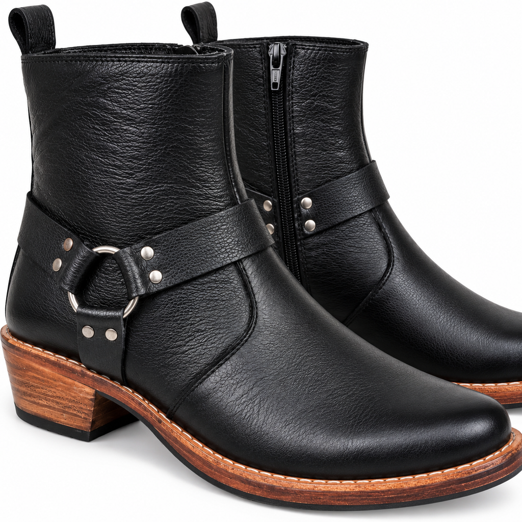 Handmade Black Leather Harness Ankle Boots With Leather Sole