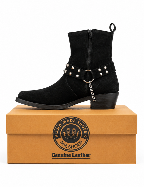 Classic Black Suede Zeeper Handmade Boots With Leather Sole
