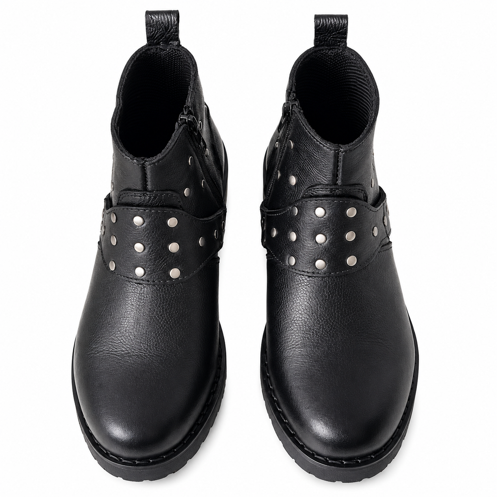 Black Studded Harness Combat Leather Zipper Boot