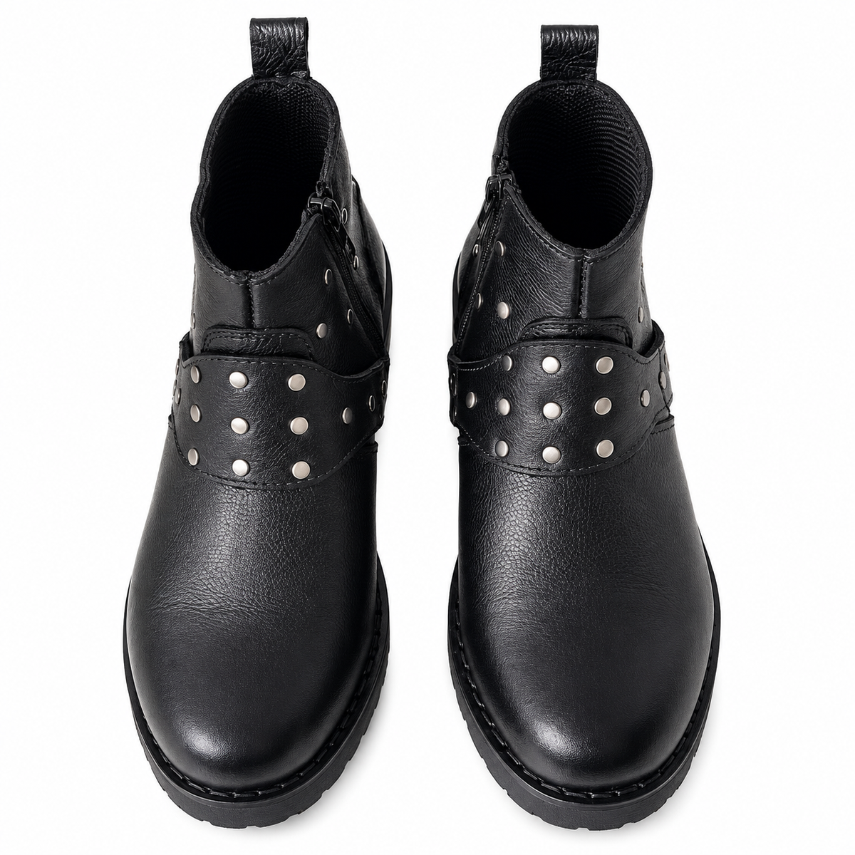 Black Studded Harness Combat Leather Zipper Boot