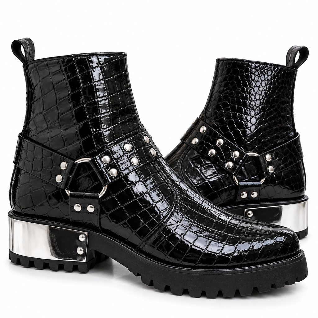 Black Glossy Croc-Texture Silver Heel Combat Zipper Boot