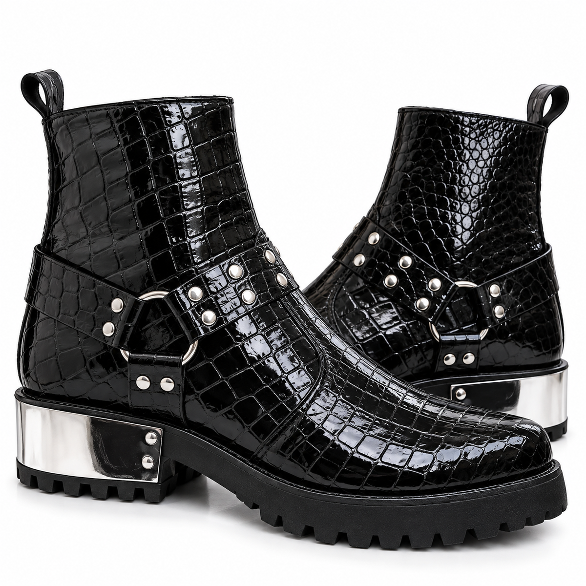 Black Glossy Croc-Texture Silver Heel Combat Zipper Boot