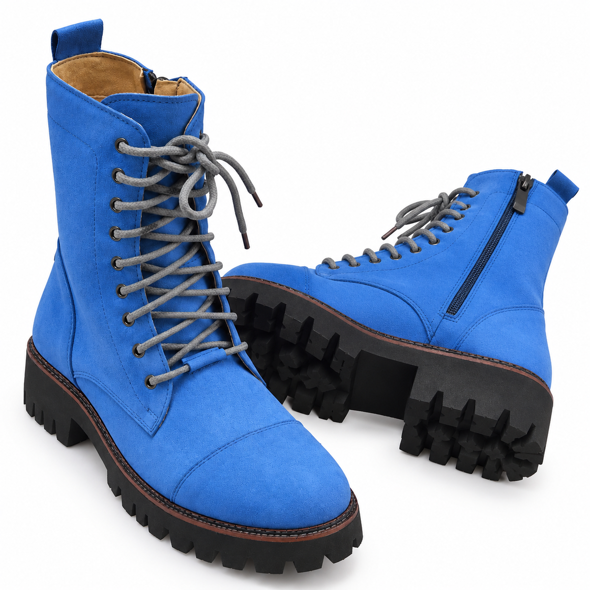 Royal Blue Suede Zipper And Lace-Up Combat Boots