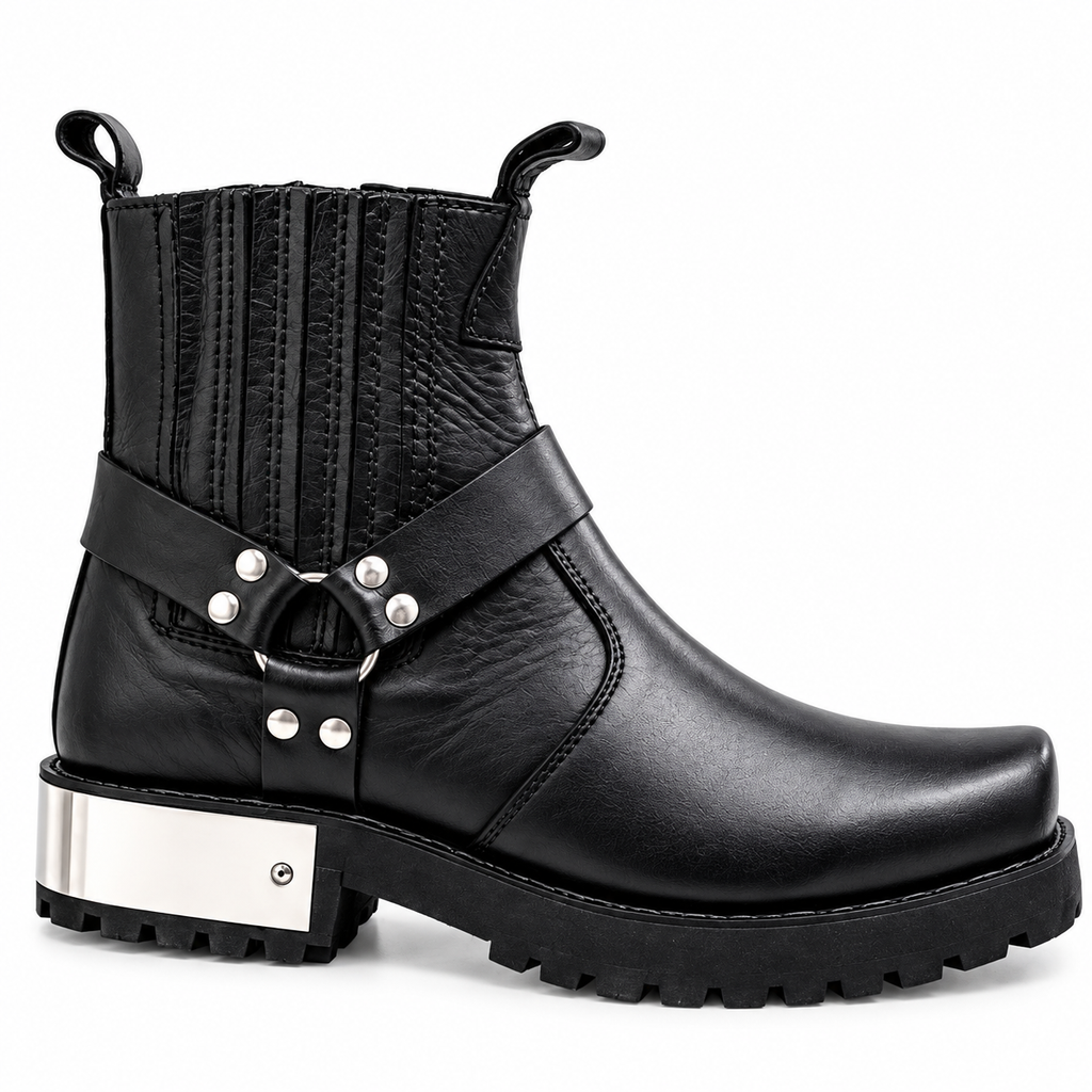 Stylish Black Urban Harness Leather Zipper & Chelsea Boot