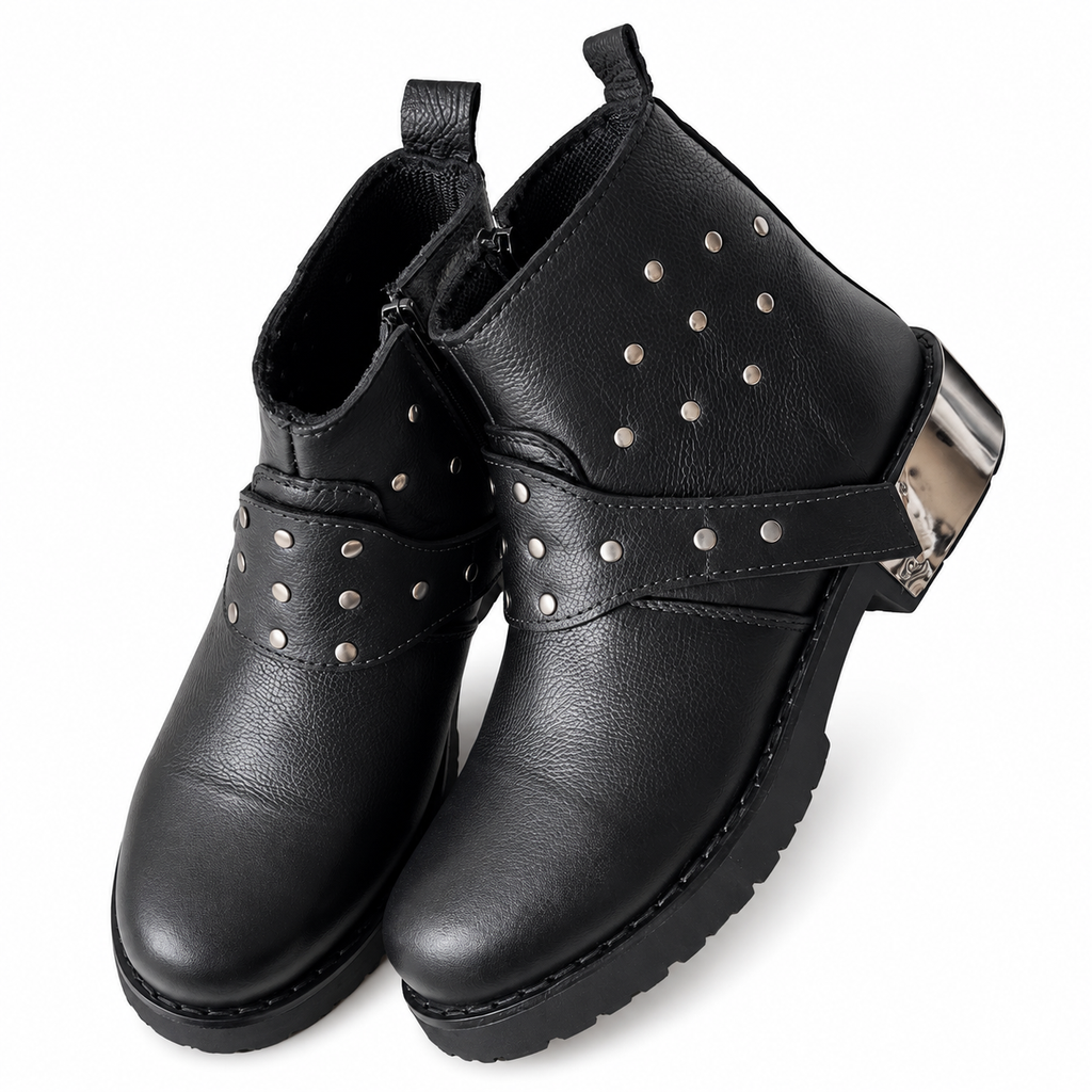 Black Studded Harness Combat Leather Zipper Boot