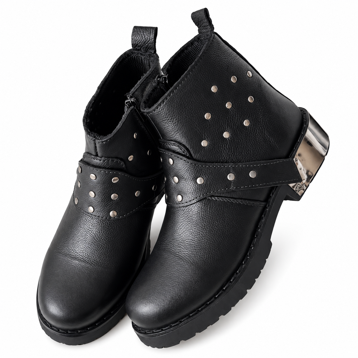 Black Studded Harness Combat Leather Zipper Boot