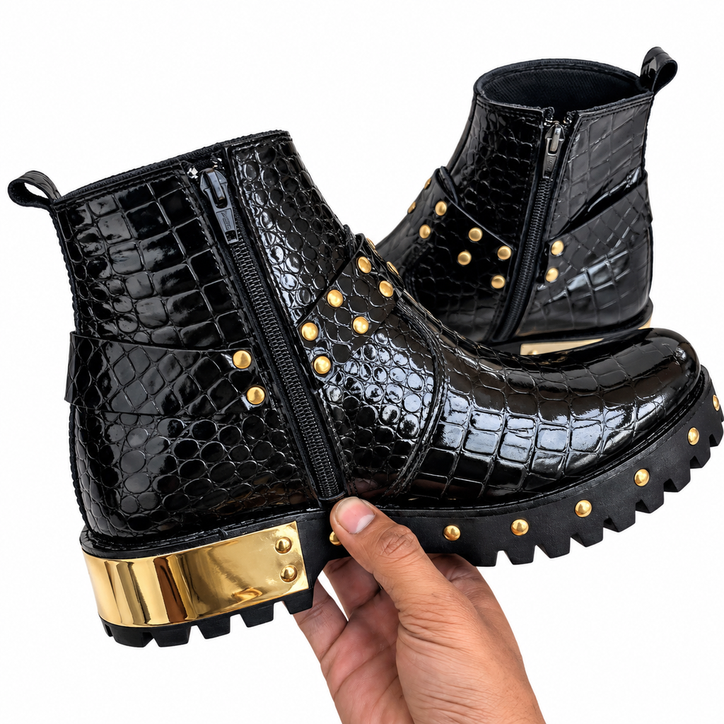 Black  Luxury  Glossy Croc-Texture Studded Zipper Boot