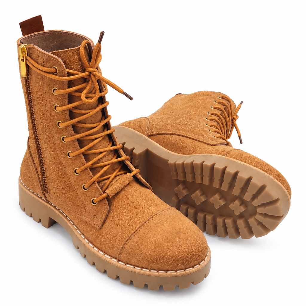 Camel Suede Lace-Up And Zipper Combat Boots