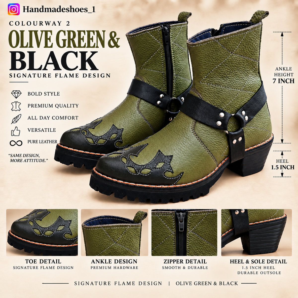 Bold Signature Style Olive Green & Black Harness Ankle Leather Zipper Boot