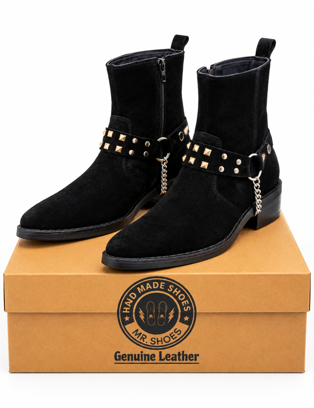 Classic Black Suede Zeeper Handmade Boots With Leather Sole