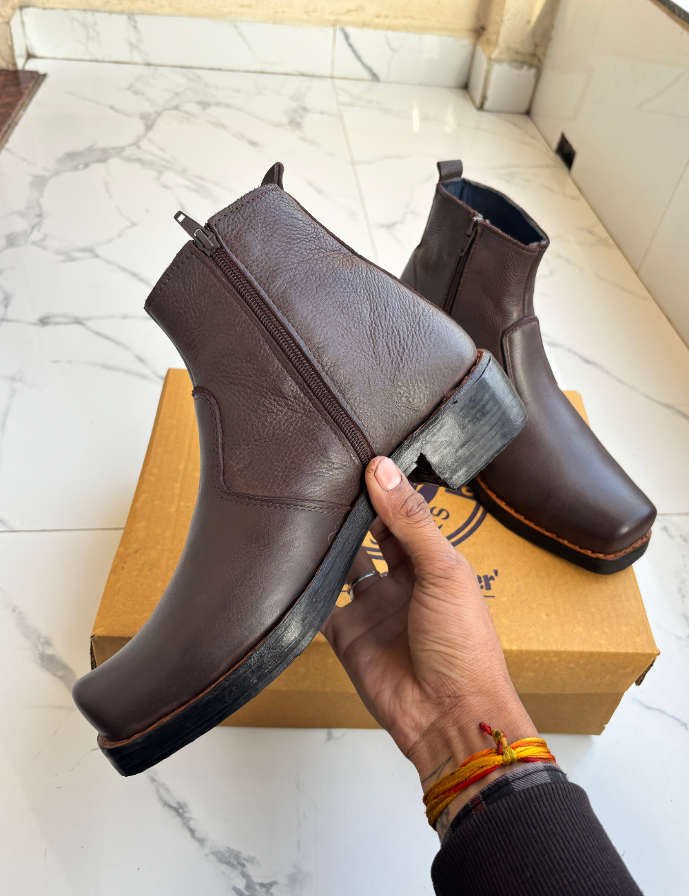 Handmade Shoes Brown Zipper Boots with Leather Sole & Cuban Heel