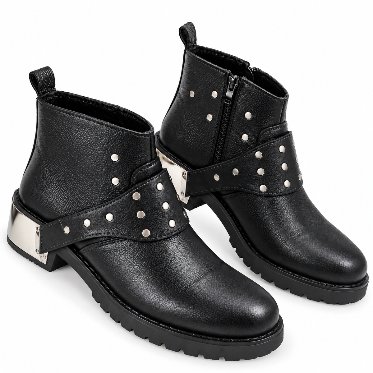Black Studded Harness Combat Leather Zipper Boot