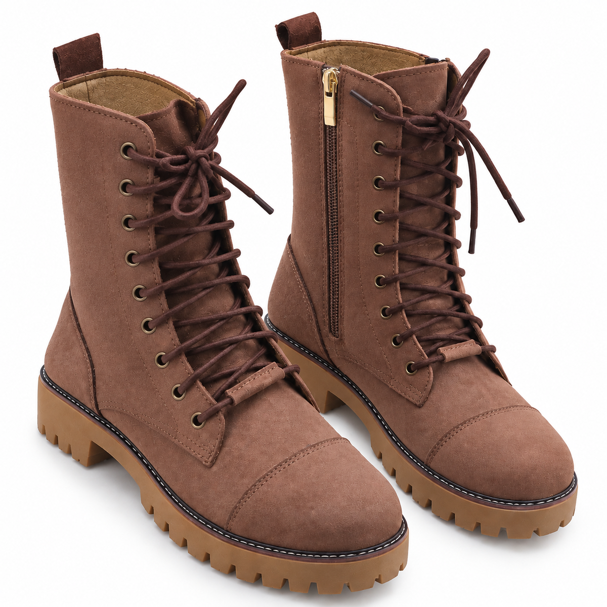 Mocha Brown Lace-Up And Zipper Combat Boots