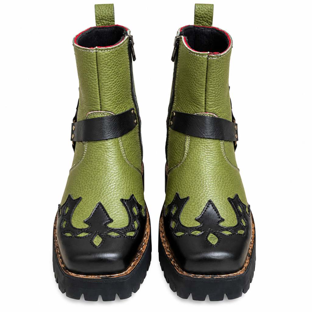 Olive Green & Black Studded Ankle Leather Zipper Boot