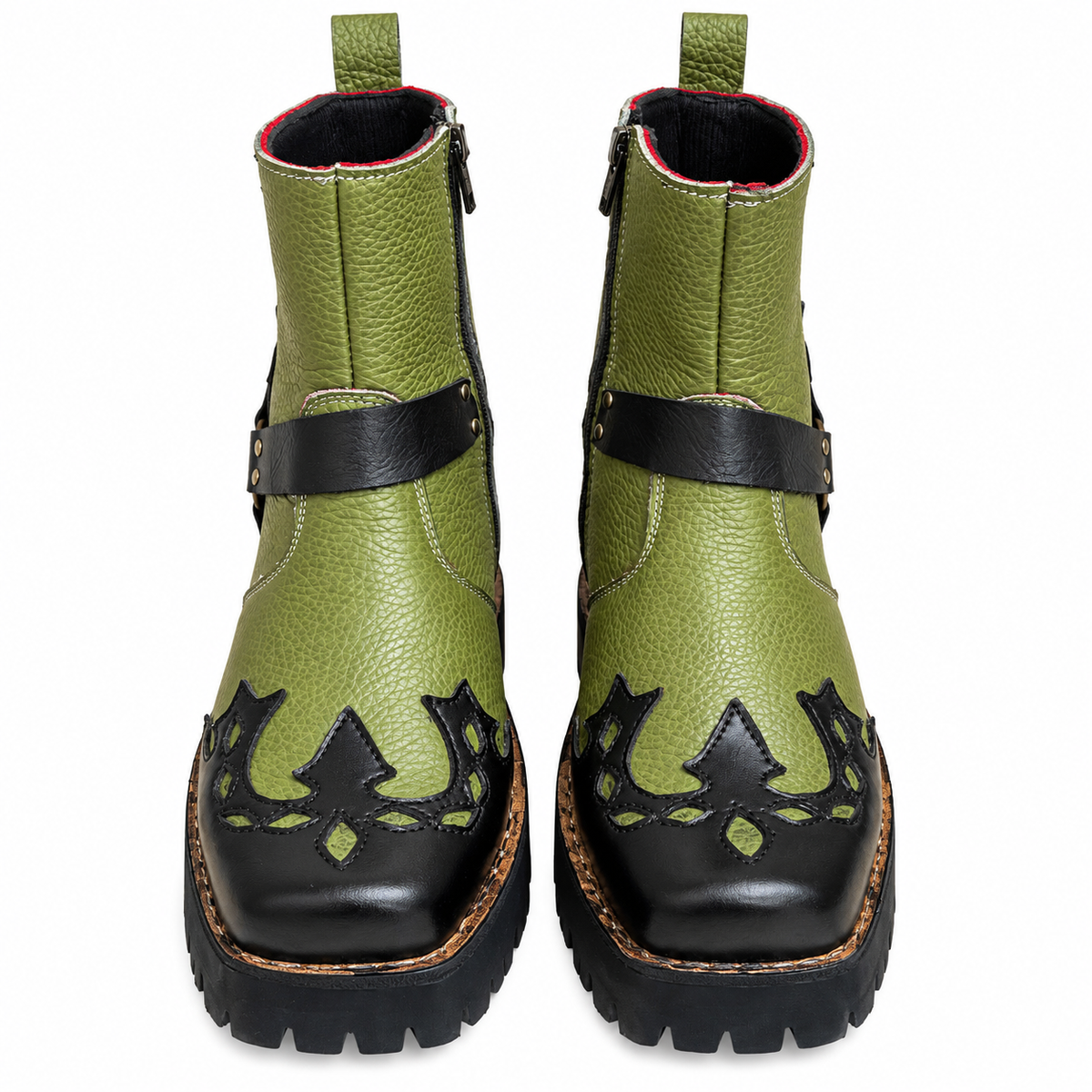 Olive Green & Black Studded Ankle Leather Zipper Boot