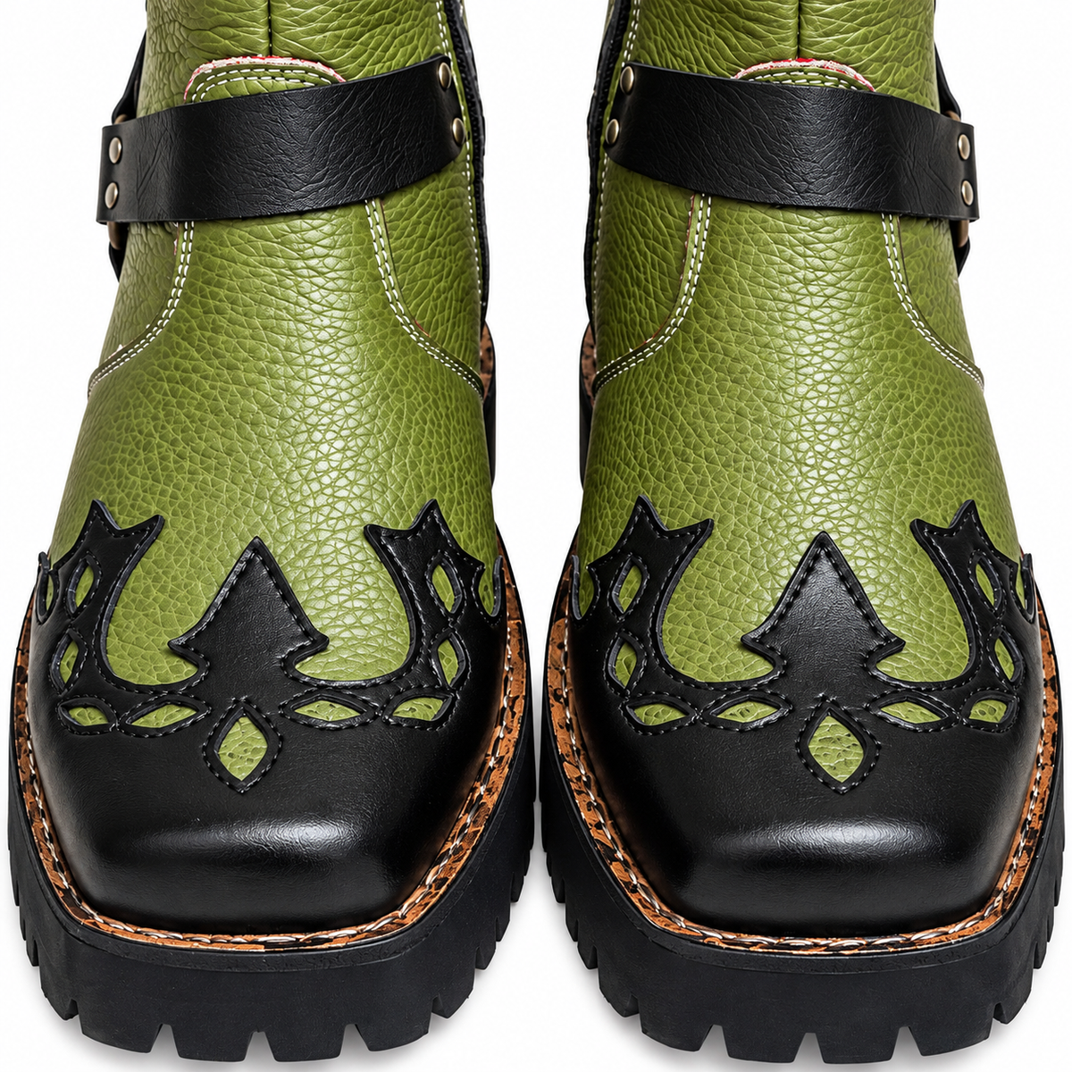 Olive Green & Black Studded Ankle Leather Zipper Boot