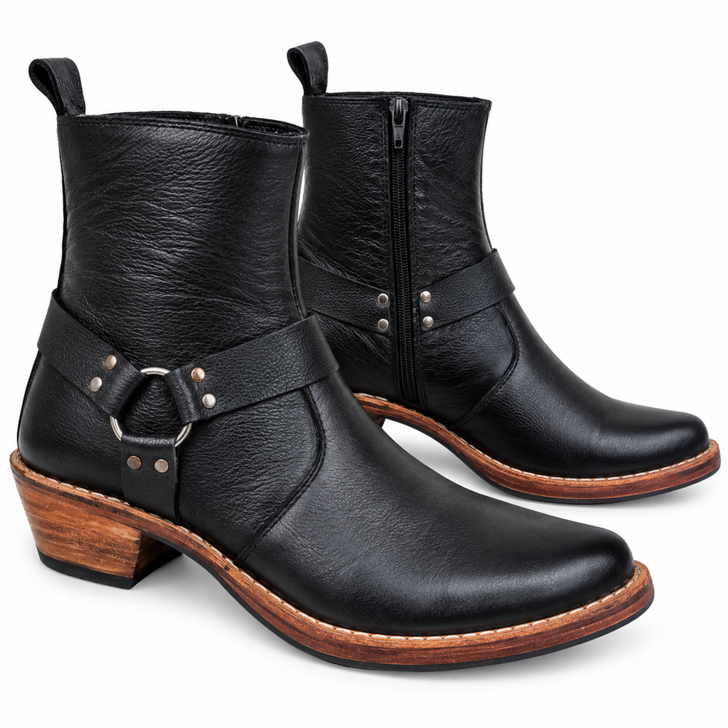 Handmade Black Leather Harness Ankle Boots With Leather Sole
