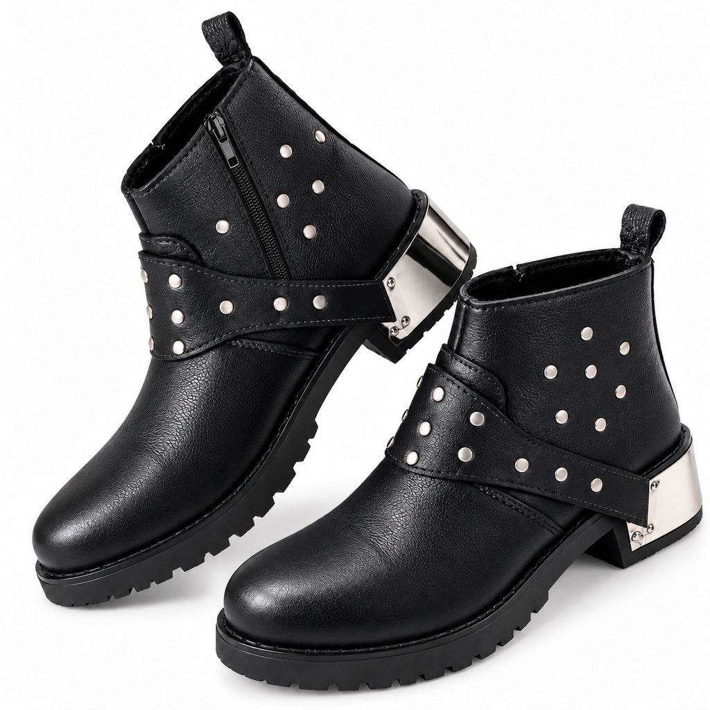 Black Studded Harness Combat Leather Zipper Boot