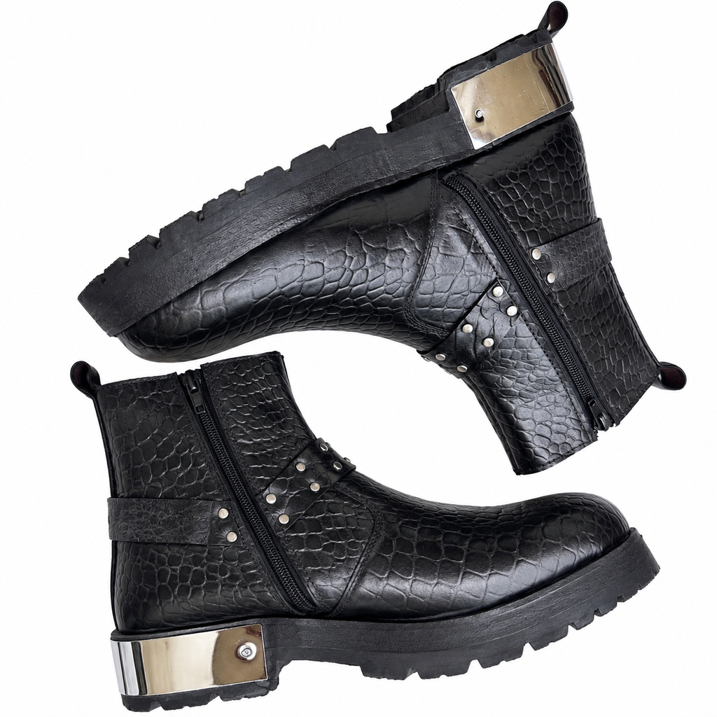 Black Croc-Texture Studded Ankle Zipper Boot