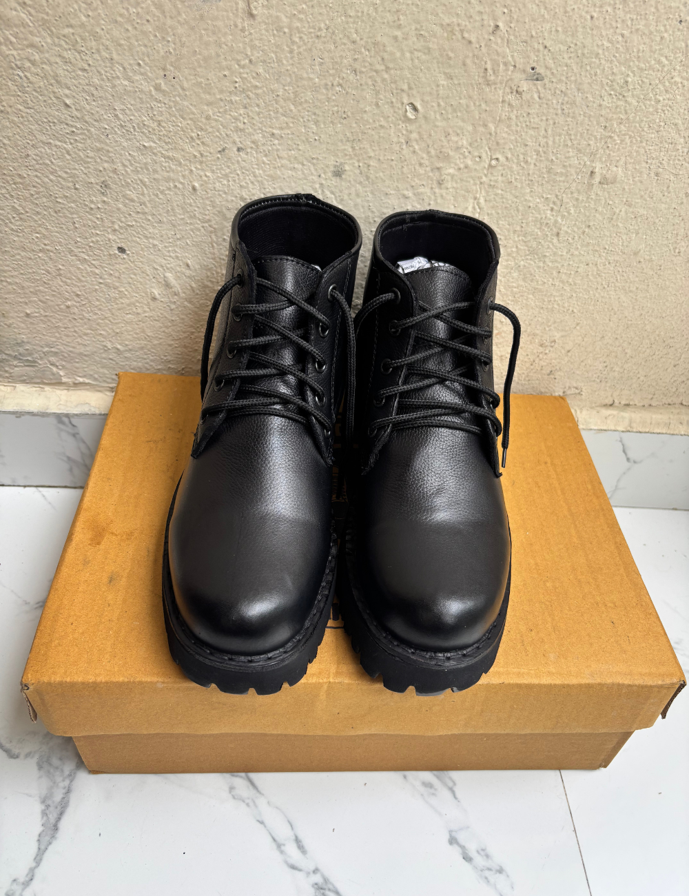 Genuine Handmade Black Laced Leather Boots With Rubber Sole With Premium Finishing