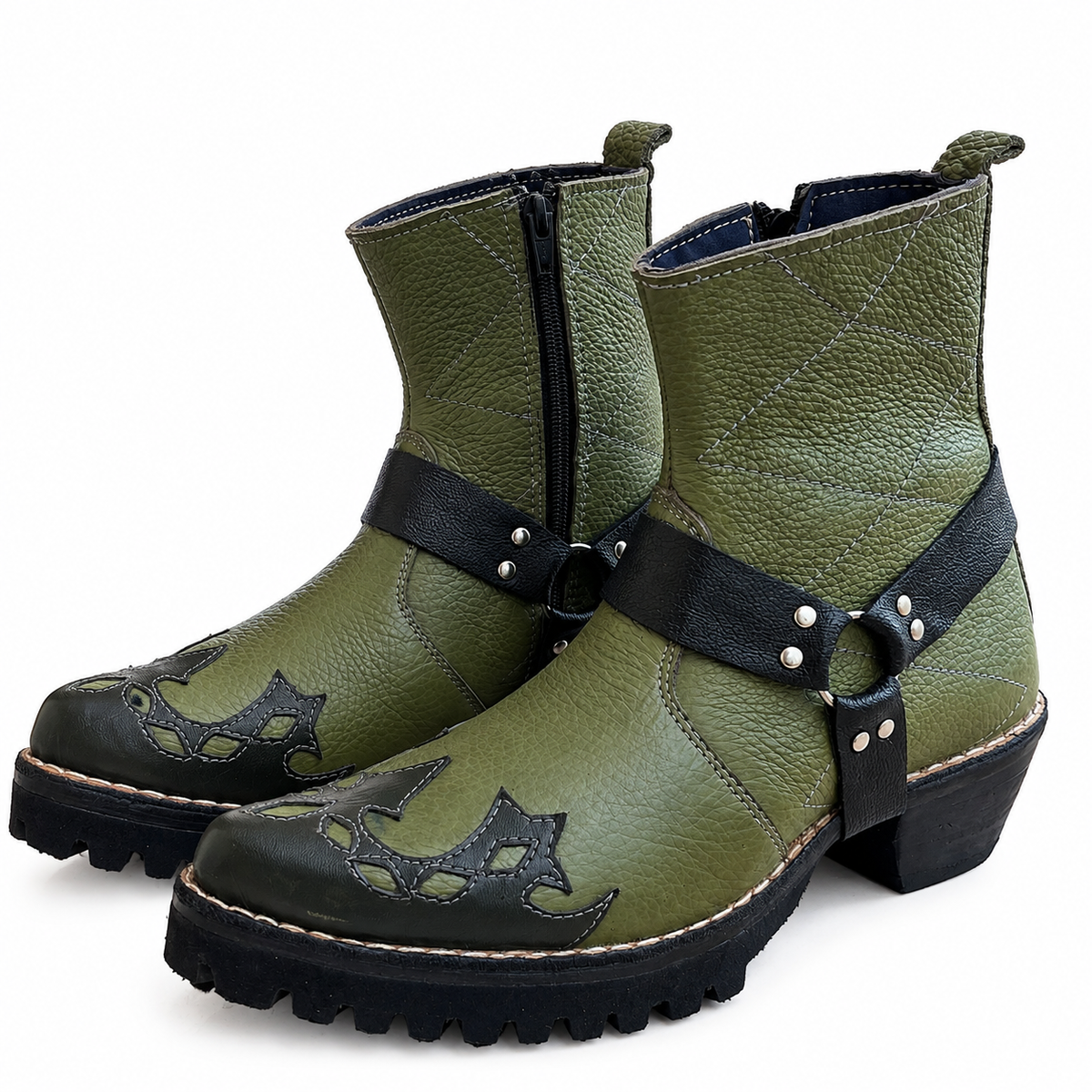 Bold Signature Style Olive Green & Black Harness Ankle Leather Zipper Boot