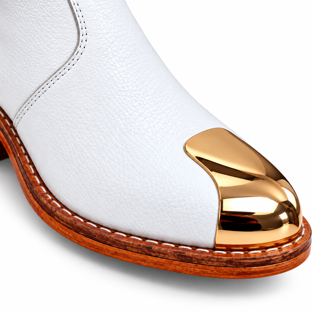 Premium White Gold-Toe Ankle Leather Zipper Boot