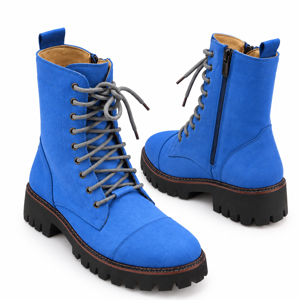 Royal Blue Suede Zipper And Lace-Up Combat Boots